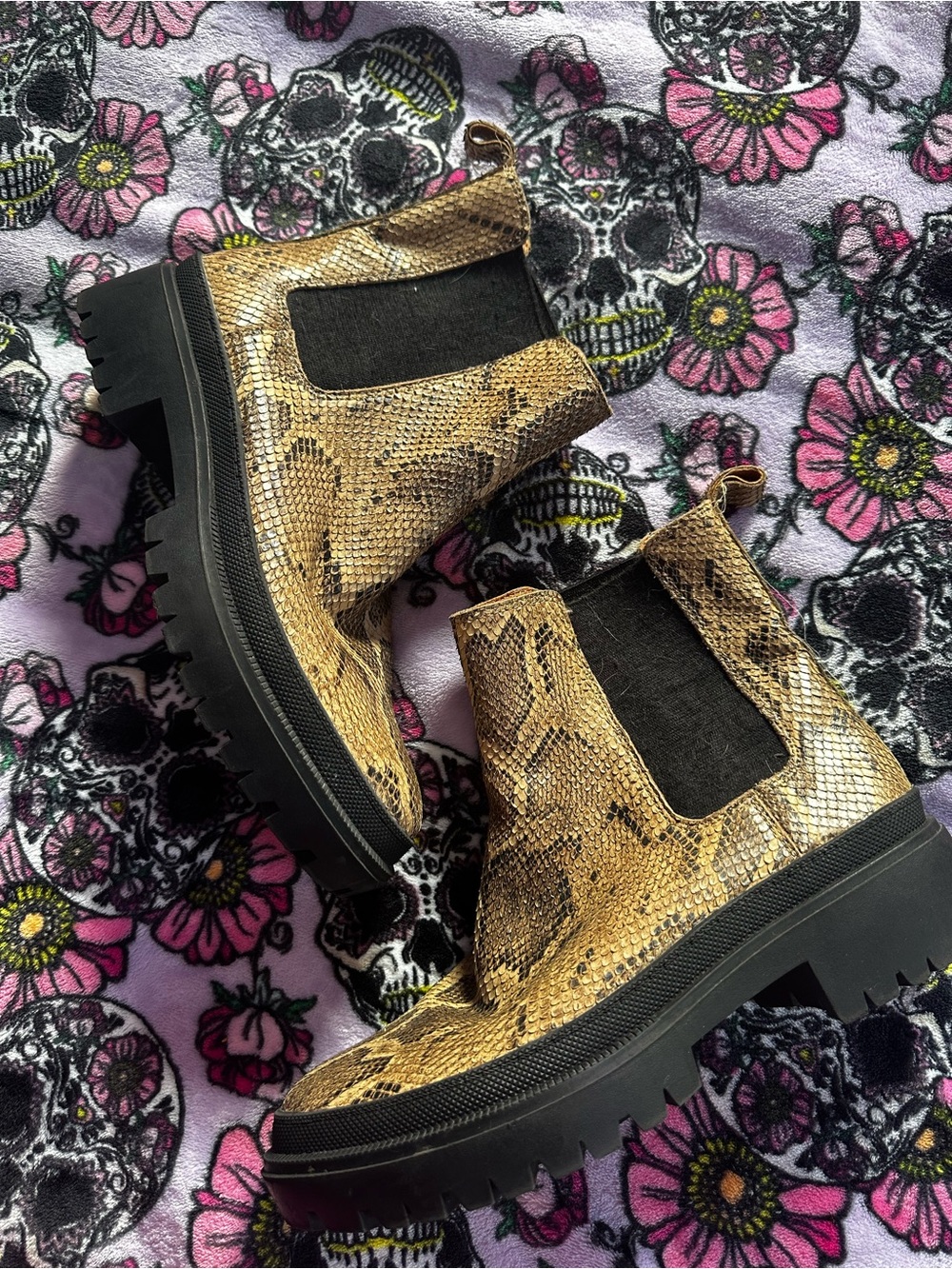 Lucky Brand Snake-Print Chelsea Booties in Golden Tan and Black